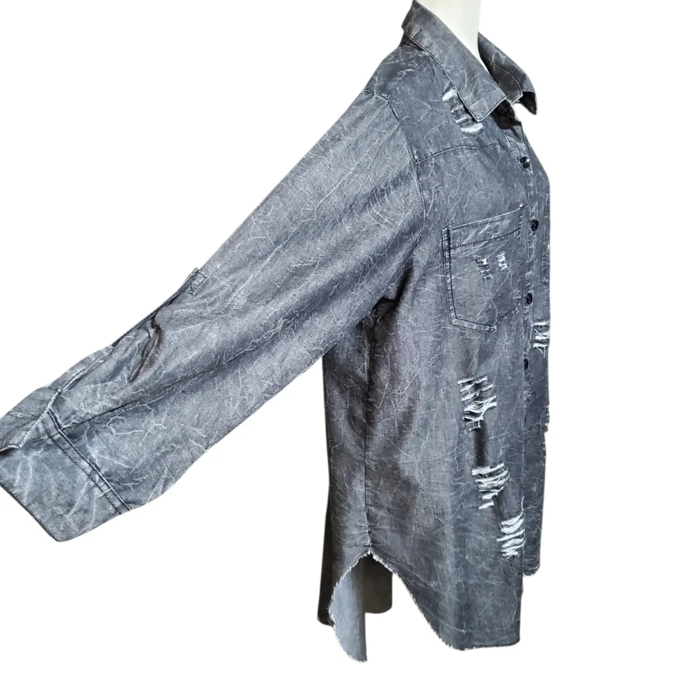Thrill Jeans Distressed Shirt Women's Size 2X Black Dark Wash Hi Low Raw Hem - Picture 4 of 13